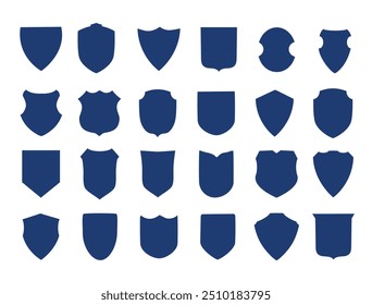 Coleção de formas de escudo vintage, etiqueta e crachás. Ilustração vetorial. Modelo de silhueta azul para patch, insígnias ou sobreposição.