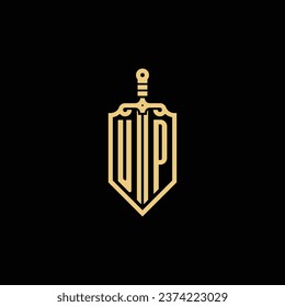 Escudo vintage UP y logotipo inicial de espada en un diseño profesional de alta calidad que se imprimirá a través de cualquier medio impreso