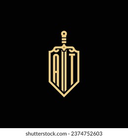 AT vintage shield and sword initial logo in high quality professional design that will print well across any print media