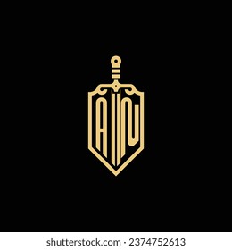 Un escudo vintage y logotipo inicial de espada en un diseño profesional de alta calidad que se imprimirá a través de cualquier medio impreso