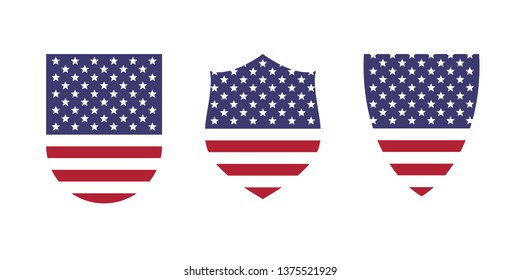 Vintage shield with USA American flag set, isolated on white background, vector illustration.