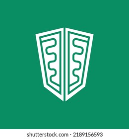 Vintage shield vector logo with curvy line inside and isolated on green background. Coat of arms design. Logo for office, company, school, institution, education, and government.