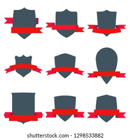 Vintage shields set with red ribbons, isolated design elements