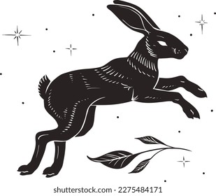 Vintage shilouette of running hare and branch