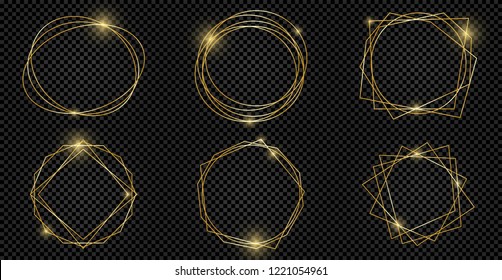 Vintage shining gold geometric frames pack isolated on transparent background. Decorative luxury line border for invitation, card, sale, photo etc. Vector illustration