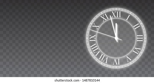 Vintage shining round clock on transparent background. Vector illustration.