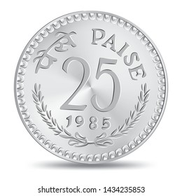 Vintage shiny indian twenty five paise coin in vector illustration. Translation: "Paise"