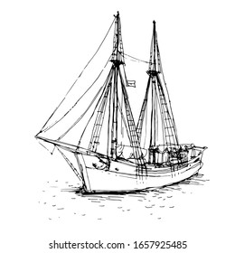 Vintage ship, boat in the sea. Hand drawn line art sketch. Black and white doodle vector illustration, design for coloring book page