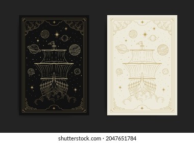 Vintage ship floating at space full of stars and planets in engraving, hand drawn, line art, luxury, celestial, esoteric, boho style svg