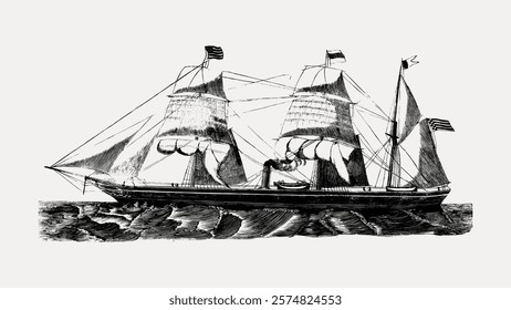 Vintage ship illustration with sails and flags. Classic ship design, detailed sails, and nautical flags. Historic ship art with intricate sails and flags. Vintage illustration isolated, vector.