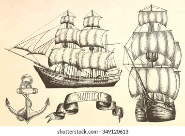 Vintage ship. Items on the marine theme. Hand drawn elements.