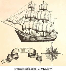 Vintage ship. Items on the marine theme. Hand drawn elements.