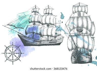 Vintage ship. Items on the marine theme. Hand drawn elements.