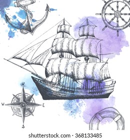 Vintage ship. Items on the marine theme. Hand drawn elements.