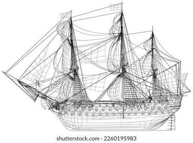 Vintage ship. The layers of visible and invisible lines are separated.