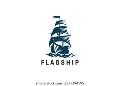 Vintage Ship Logo Design Vector template Engraving Style. Sailboat Old Medieval Logotype Engrave concept icon.