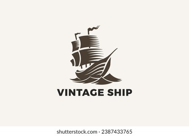 Vintage Ship Logo Design Vector template Engraving Style. Sailboat Old Medieval Logotype Engrave concept icon.