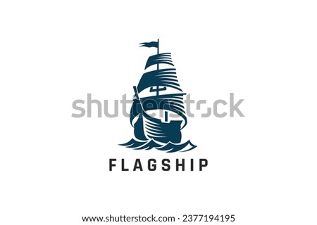 Vintage Ship Logo Design Vector template Engraving Style. Sailboat Old Medieval Logotype Engrave concept icon.