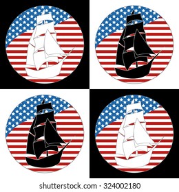 Vintage Ship Logo Sailing Boat design vector template. Ancient Pirate Sailboat Logotype silhouette concept icon. On the background of flags of USA