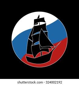 Vintage Ship Logo Sailing Boat design vector template. Ancient Pirate Sailboat Logotype silhouette concept icon. On the background of flags of Russia