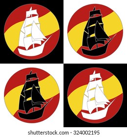 Vintage Ship Logo Sailing Boat design vector template. Ancient Pirate Sailboat Logotype silhouette concept icon. On the background of flags of Spain