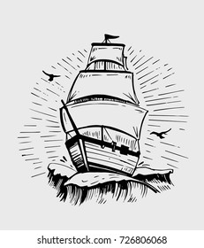 Vintage ship on waves. Hand drawn illustration converted to vector