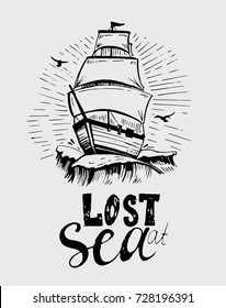 Vintage ship on waves. Hand drawn illustration converted to vector