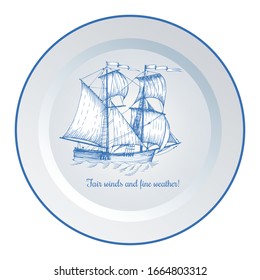 Vintage ship sailboat. The image on decorative wall plate. The interior decoration in the style of Dutch ceramics.