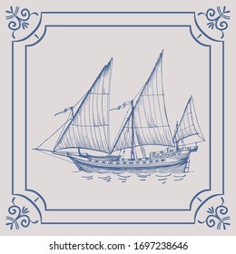 Vintage ship sailboat. The image on decorative wall plate. The interior decoration in the style of Dutch ceramics.