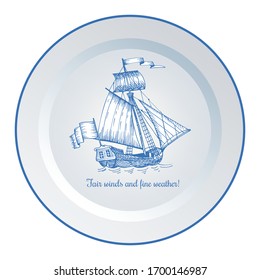 Vintage ship sailboat. The image on decorative wall plate. The interior decoration in the style of Dutch ceramics.