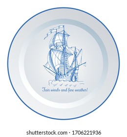 Vintage ship sailboat. The image on decorative wall plate. The interior decoration in the style of Dutch ceramics.