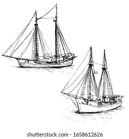 Vintage ship, sailboats set. Hand drawn line art sketch. Black and white doodle vector illustration, design for coloring book page