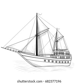 vintage ship with sails and reflection on a white background