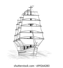 vintage ship with sails and reflection on a white background