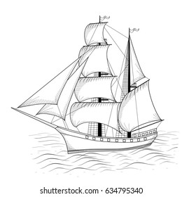 vintage ship with sails and sea on a white background