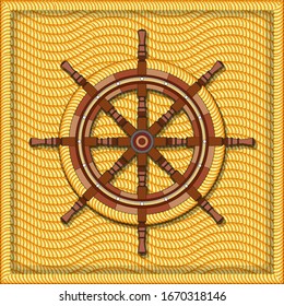 Vintage ship steering wheel on the background of neatly placed ropes. Decorative panel on the marine theme. Vector illustration