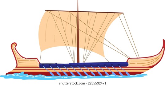 Vintage ship, transport ark roman, ship sea, wooden sail antique, isolated on white, design, flat style vector illustration.