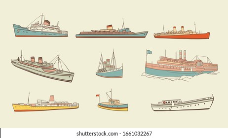 Vintage Ship Vector Illustration Hand Drawn Set 
