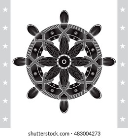 Vintage ship wheel with cord on white. Marine label in engraving style