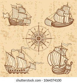 Vintage ships collection. Antique travel boat set. Ship boat vintage, travel sea yacht, sketch marine sailboat illustration