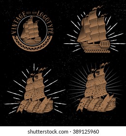 Vintage ships collection. Retro transport . Vector handdrawn logotypes. 