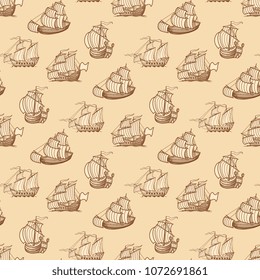 Vintage ships seamless pattern. Antique boats texture background. Vector illustration