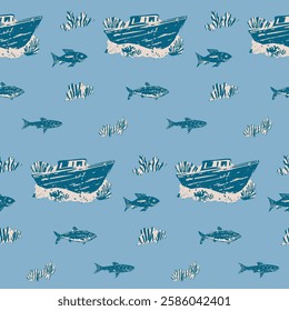 Vintage Shipwreck, Fish, and Coral on Blue Ocean Pattern. Hand-drawn shipwrecks, fish, and coral in deep blue on a light blue background, vintage marine-inspired design, perfect for nautical themes.