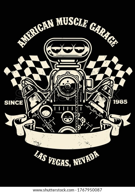 vintage shirt\
design of american muscle car\
engine