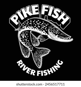 Vintage Shirt Design of Pike Fish in Black and White Isolated