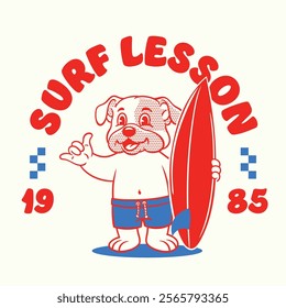 Vintage shirt design of Surfing lesson with Bulldog Mascot