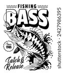 Vintage Shirt of Fishing Bass Hand Drawn Illustration