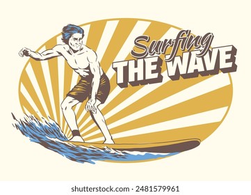 Vintage Shirt Illustration of Man Surfing the Wave