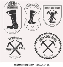 Vintage shoe repair logo set emblems, badges and design elements on white background