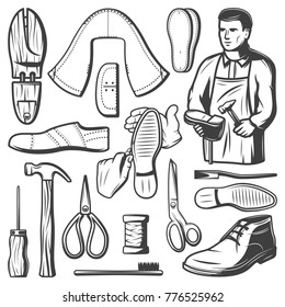 Vintage shoemaking elements set with shoemaker repairs boot hammer spool of thread brush scissors awl leather pieces isolated vector illustration